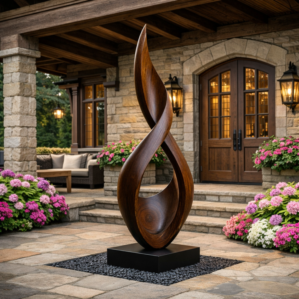 Abstract Twisting Solid Wood Outdoor Garden Sculpture on Base