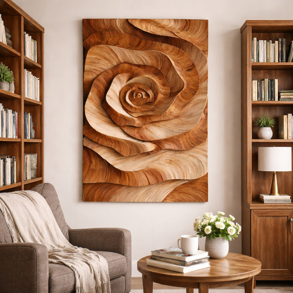 Solid Wood Carved Rose Wall Art for Interior Decor