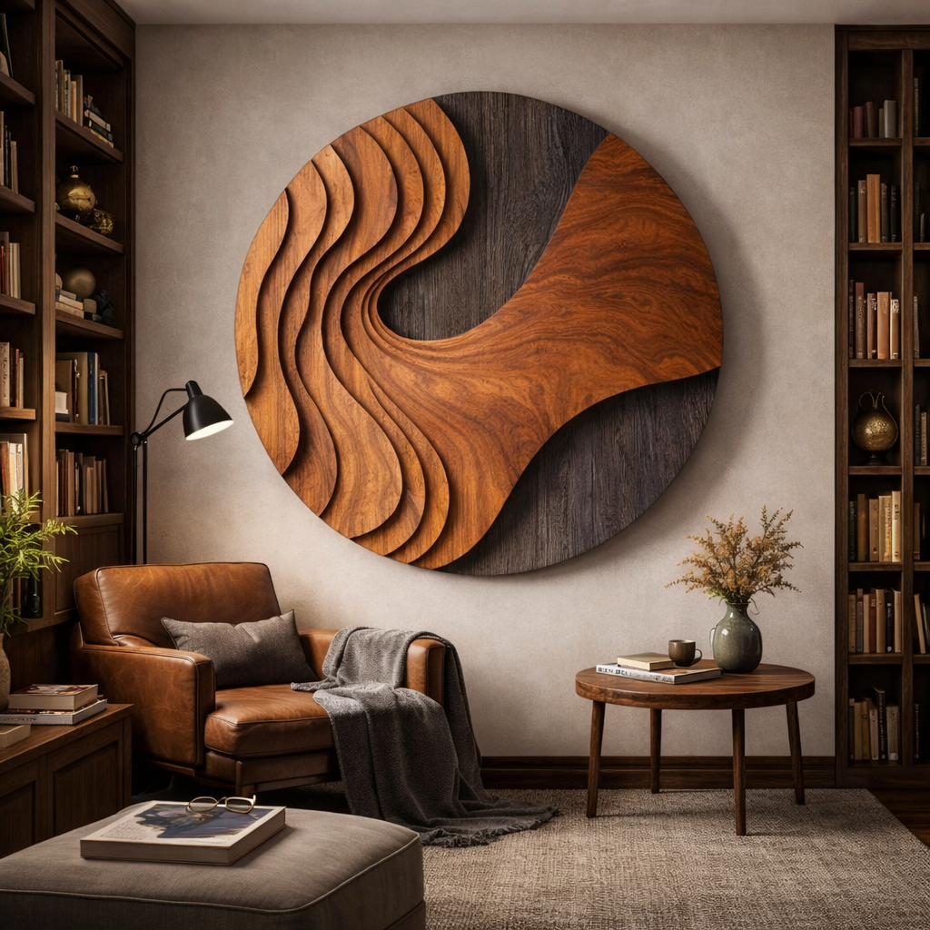 Contemporary Round Solid Wood Abstract Wall Sculpture for Interior Spaces