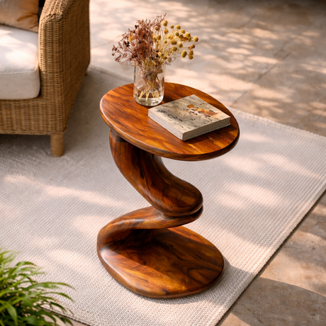 Curved Solid Wood Side Table with Sculptural Pedestal