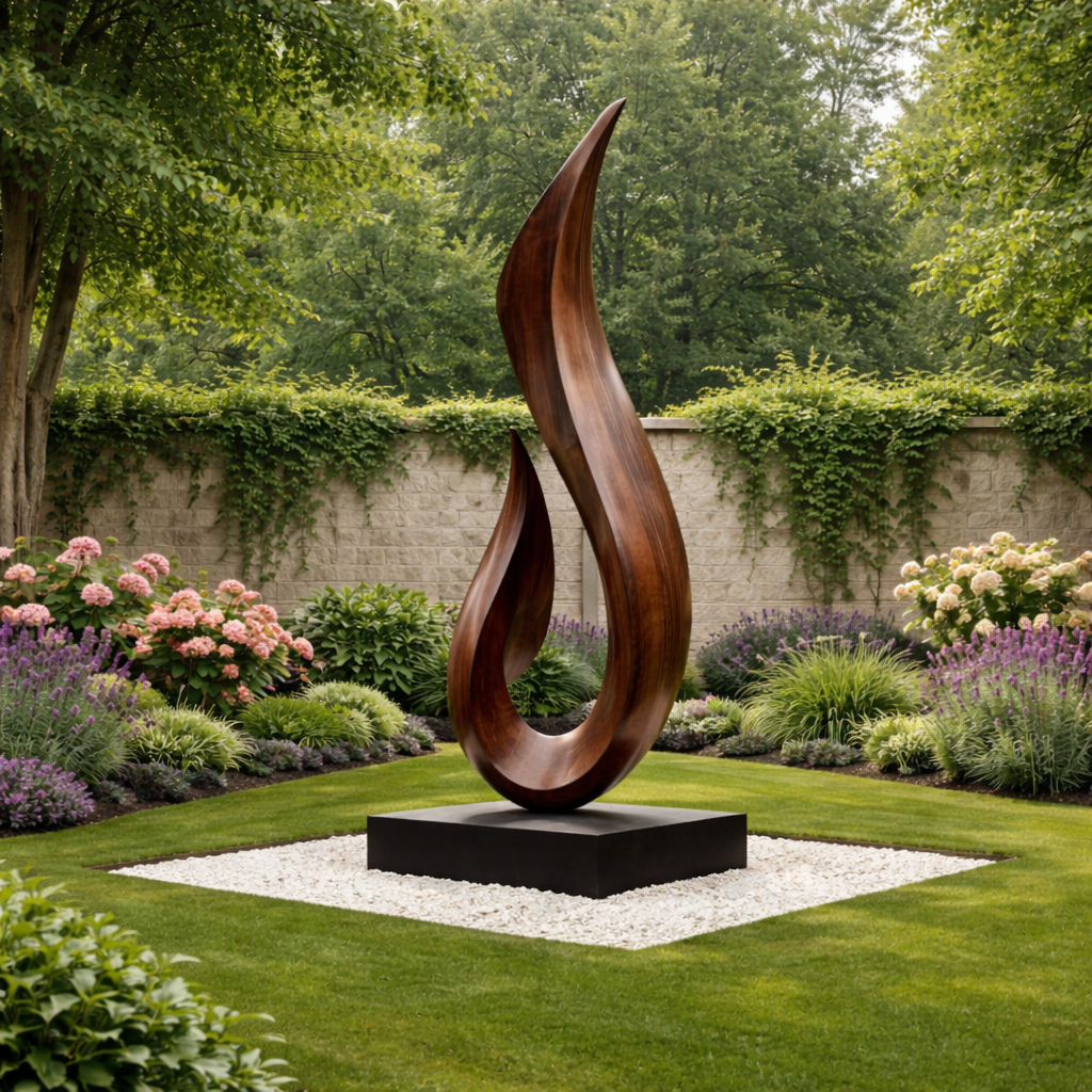 Tall Flame Form Solid Wood Garden Sculpture for Modern Outdoor Landscape