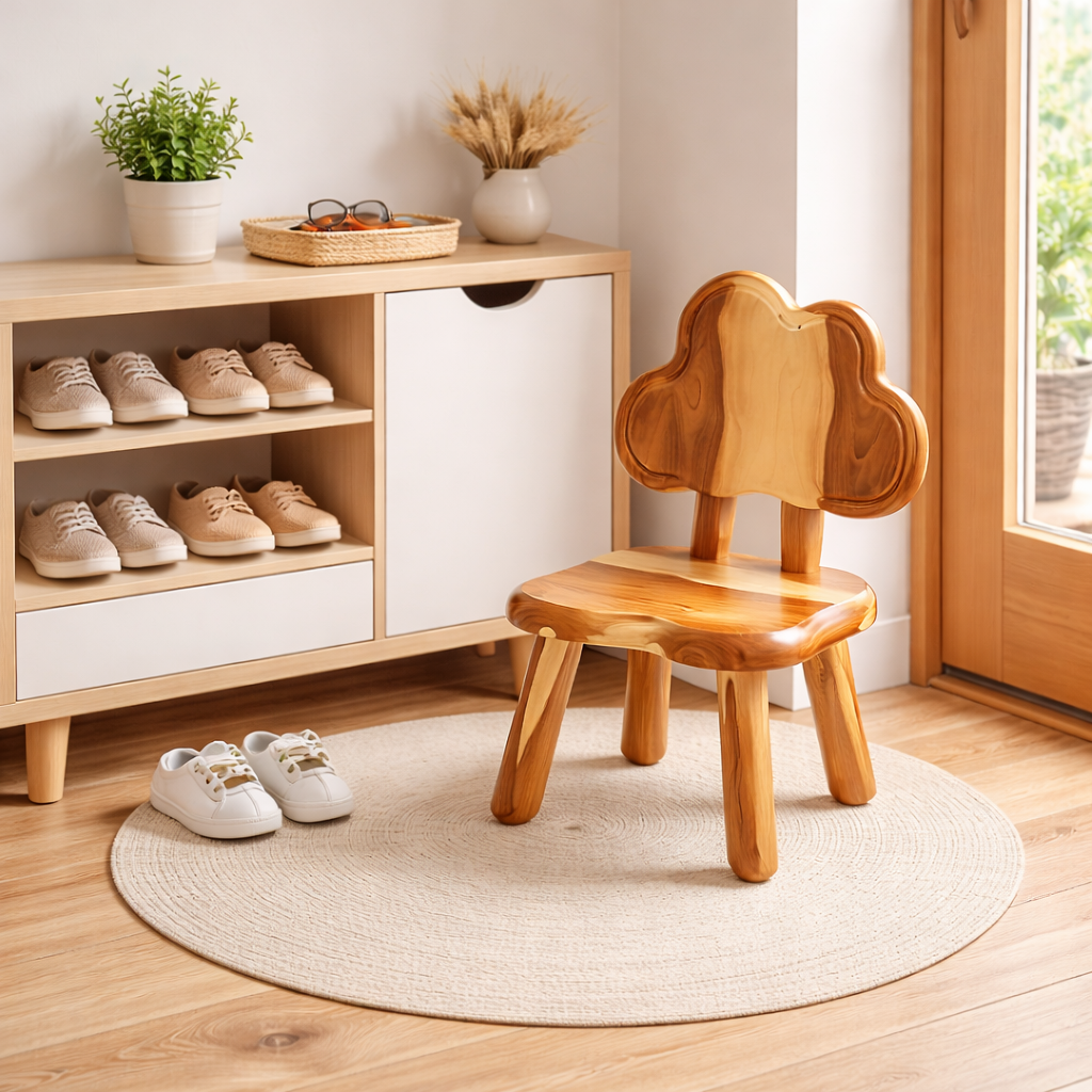Solid Wood Kids Chair with Tree Shaped Backrest for Playroom, Dining Area or Nursery Space