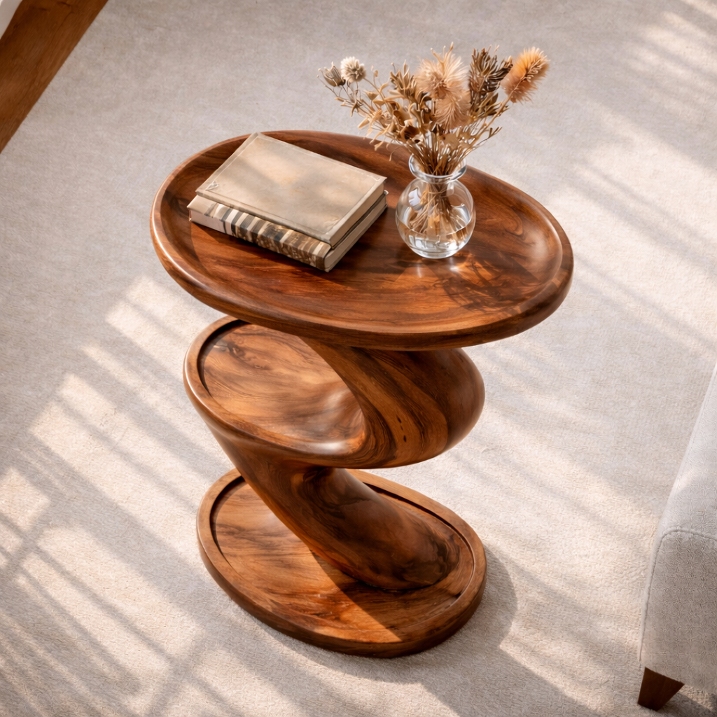 Sculptural Solid Wood Side Table Two Tier Design for Living Room and Reading Corner