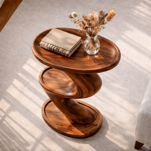 Sculptural Solid Wood Side Table Two Tier Design for Living Room and Reading Corner