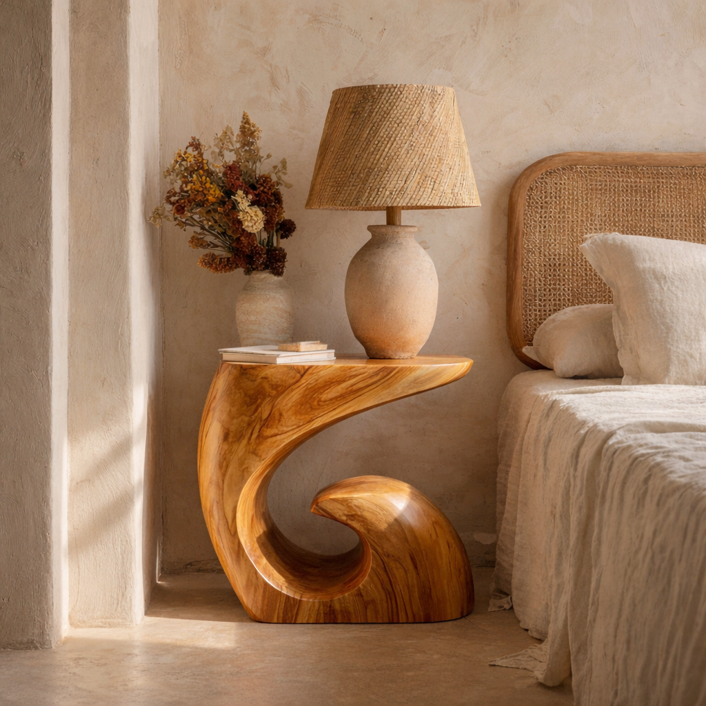 Handcrafted Solid Wood Side Table with Sculptural Curved Base for Bedroom