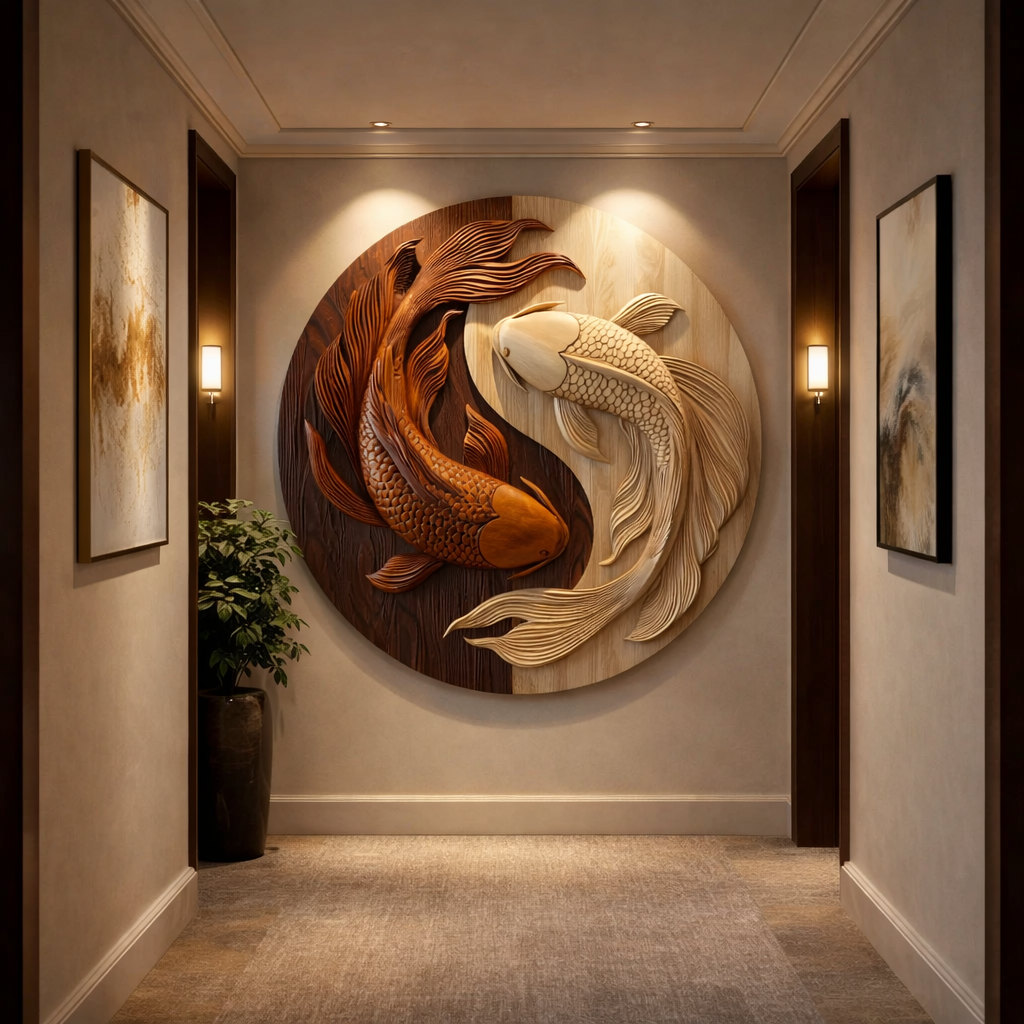 Contemporary Round Solid Wood Koi Wall Sculpture for Living Room Interiors