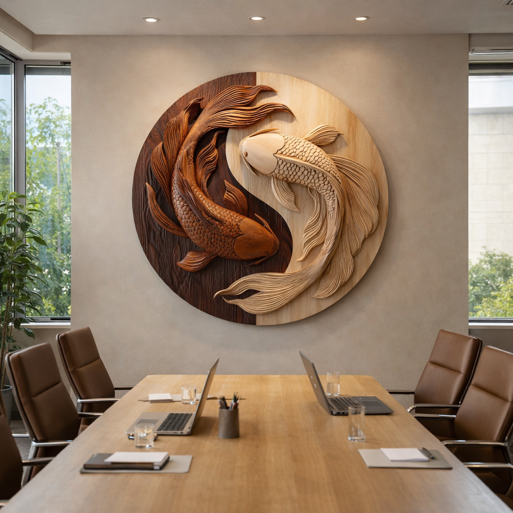 Contemporary Round Solid Wood Koi Wall Sculpture for Living Room Interiors