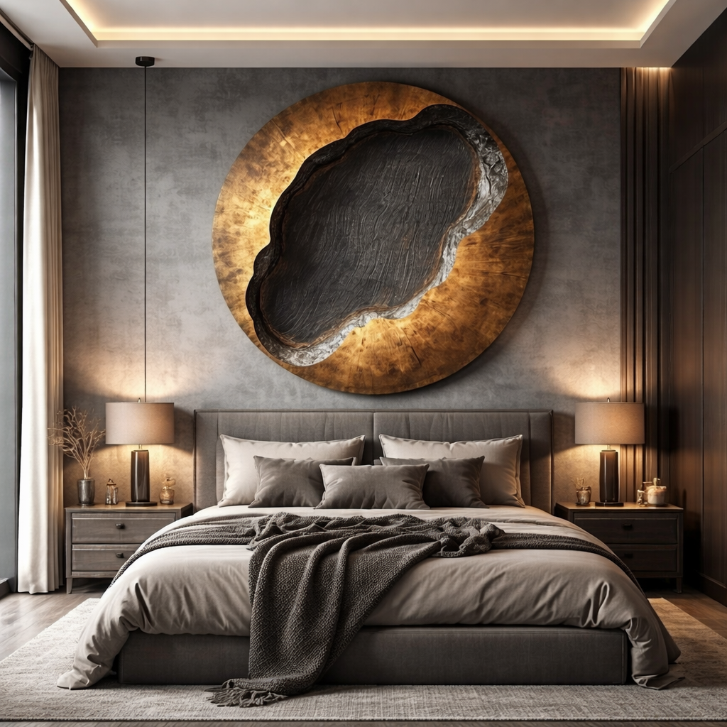 Organic Solid Wood Circular Wall Sculpture with Recessed Carving for Living Rooms