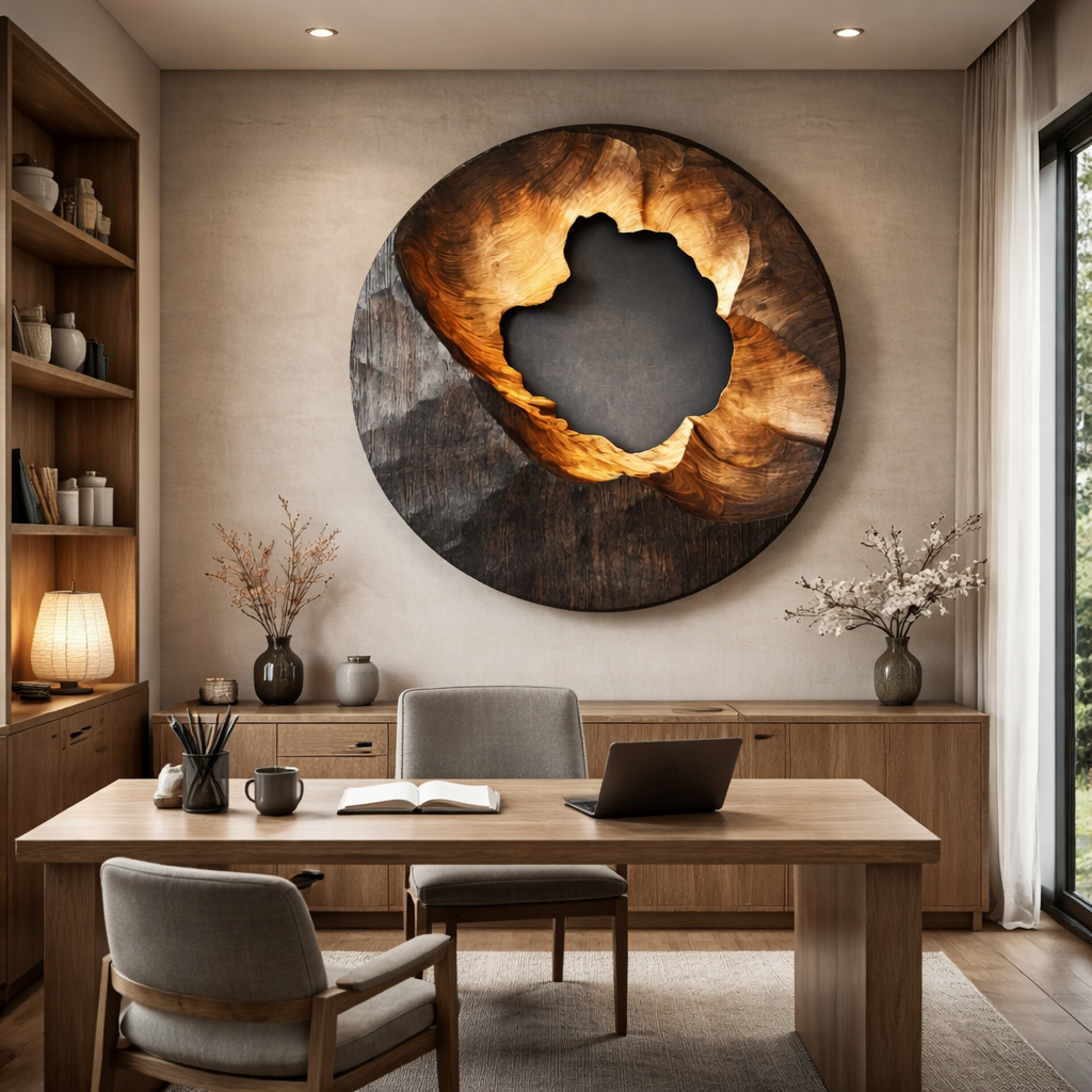 Organic Round Solid Wood Wall Sculpture with Carved Void for Living Room