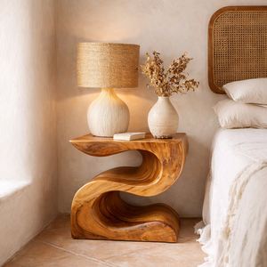 Handcrafted Solid Wood Nightstand for Bedside Lamp with Sculptural Wave Form