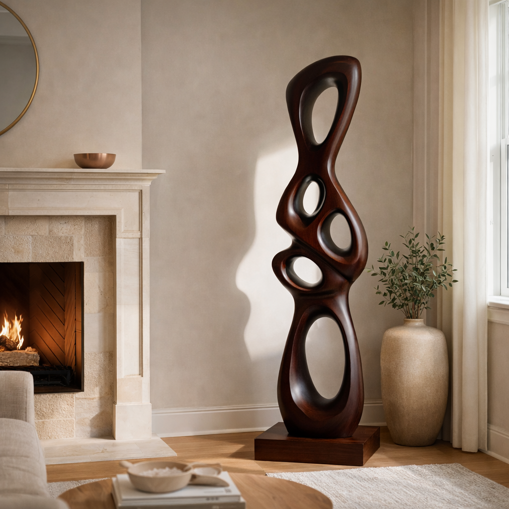 Tall Abstract Solid Wood Sculpture for Modern Living Room Interiors