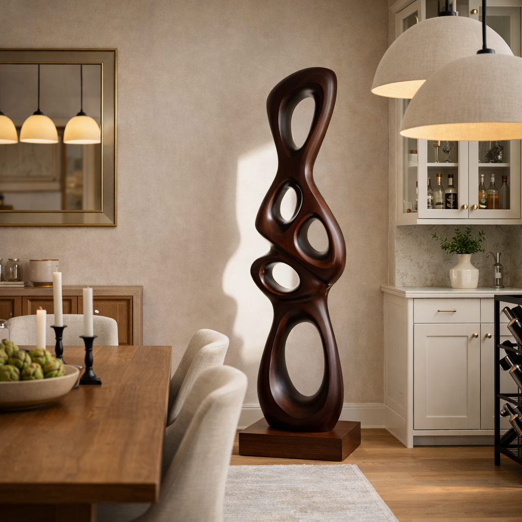 Tall Abstract Solid Wood Sculpture for Modern Living Room Interiors