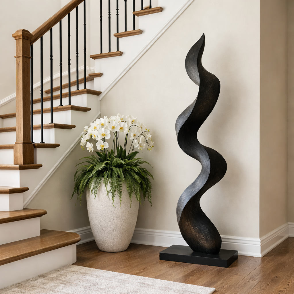 Solid Wood Curved Flow Sculpture for Contemporary Interior Spaces