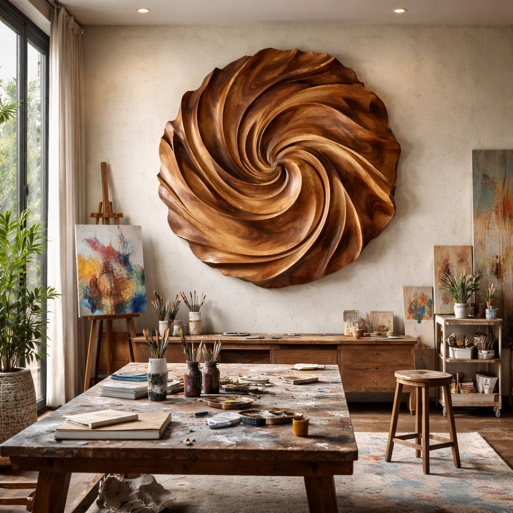 Modern Solid Wood Spiral Wall Sculpture for Living Room Interiors