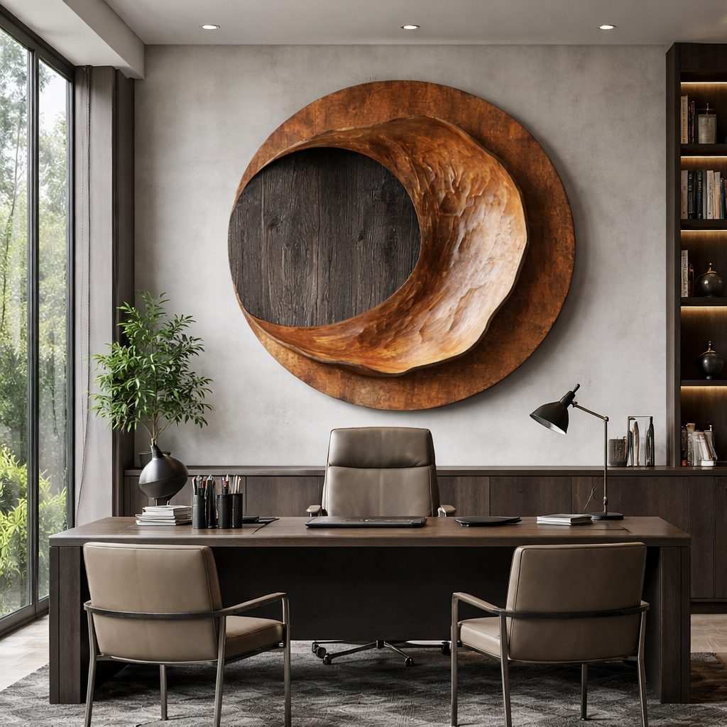 Modern Solid Wood Circular Wall Sculpture with Recessed Carving for Living Rooms