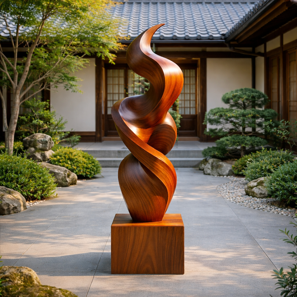 Large Abstract Spiral Solid Wood Sculpture for Indoor and Outdoor Display