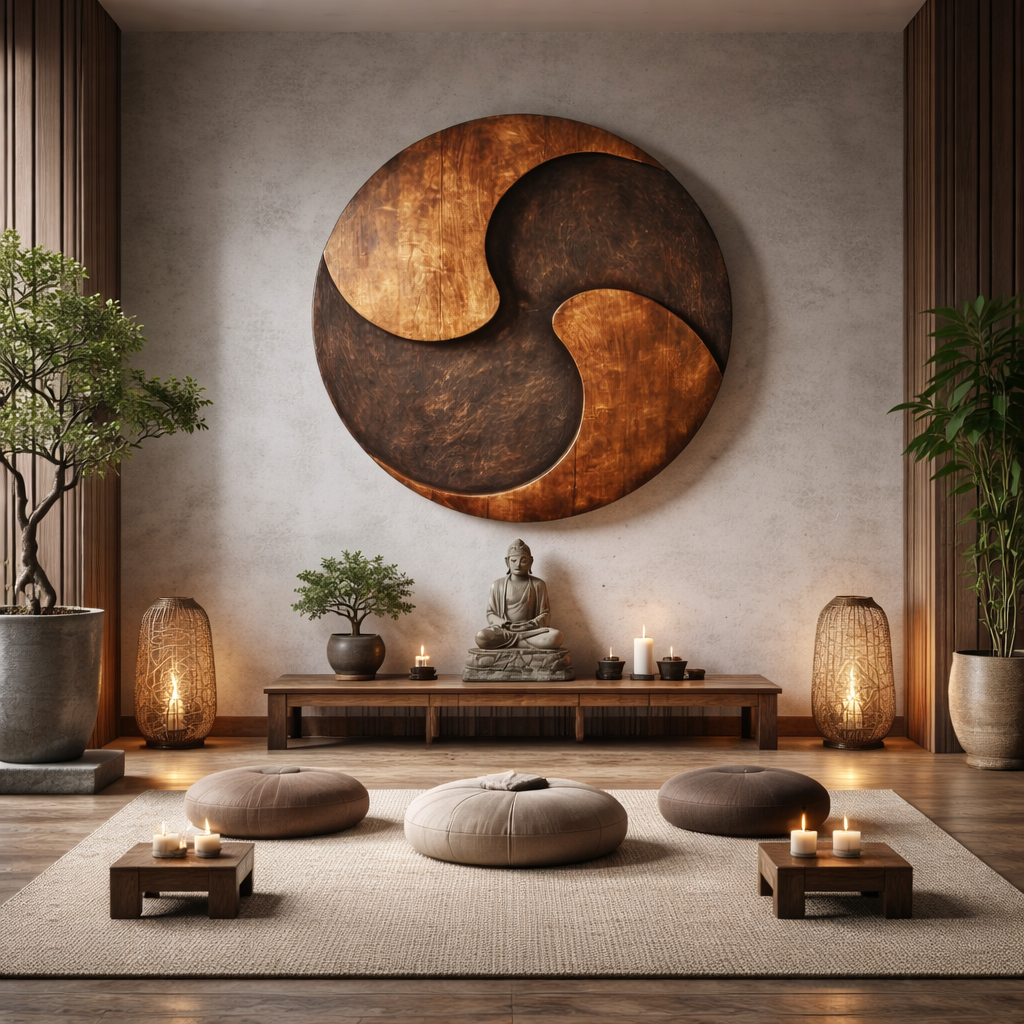 Round Solid Wood Wall Sculpture with Triskelion-Inspired Abstract Form