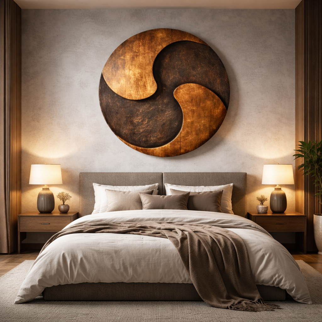 Round Solid Wood Wall Sculpture with Triskelion-Inspired Abstract Form