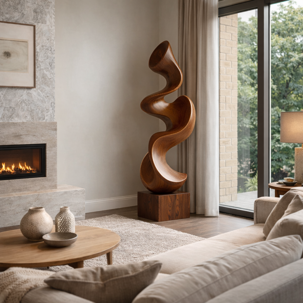 Abstract Solid Wood Floor Sculpture for Modern Organic Living Room Interiors