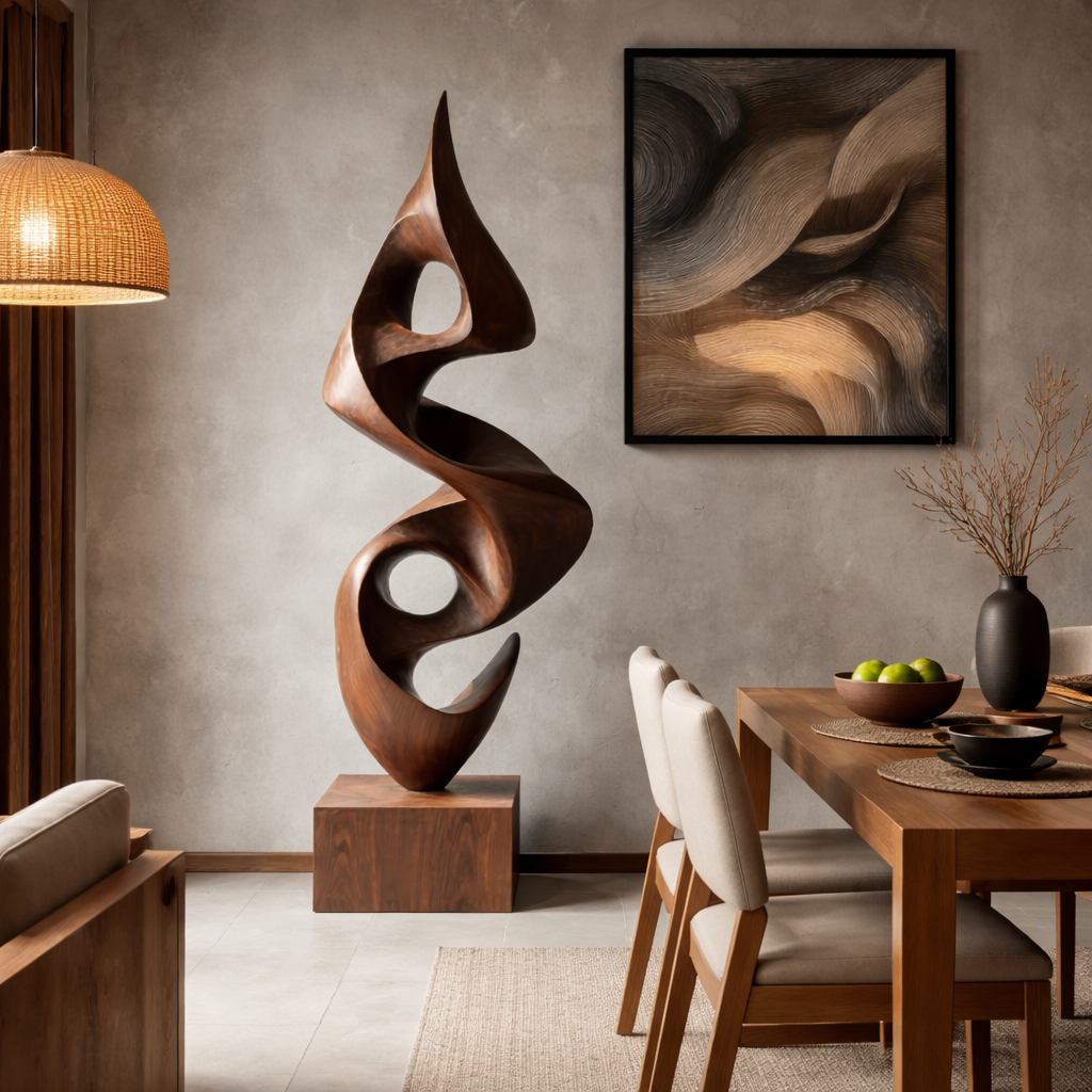 Tall Hand-Carved Organic Solid Wood Sculpture for Modern Interiors