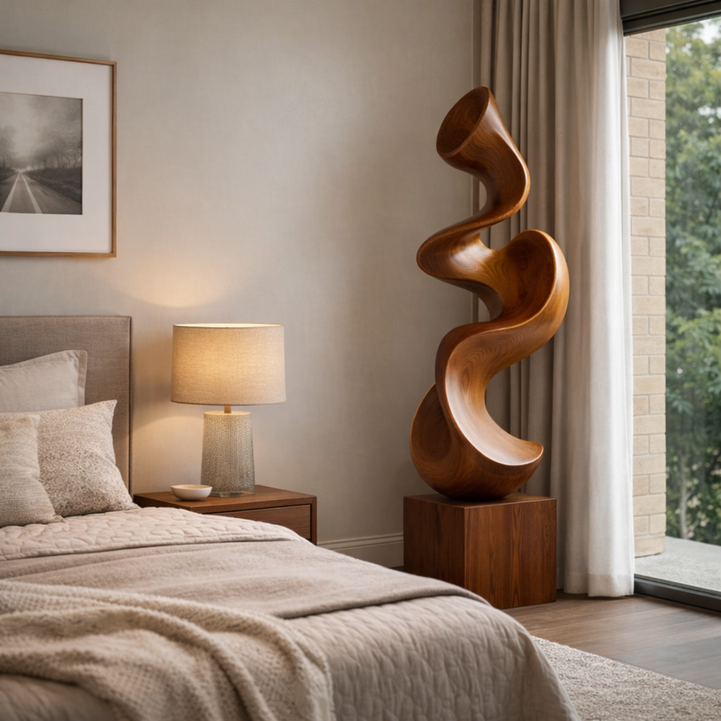 Abstract Solid Wood Floor Sculpture for Modern Organic Living Room Interiors