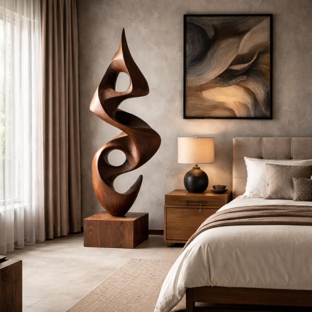 Tall Hand-Carved Organic Solid Wood Sculpture for Modern Interiors