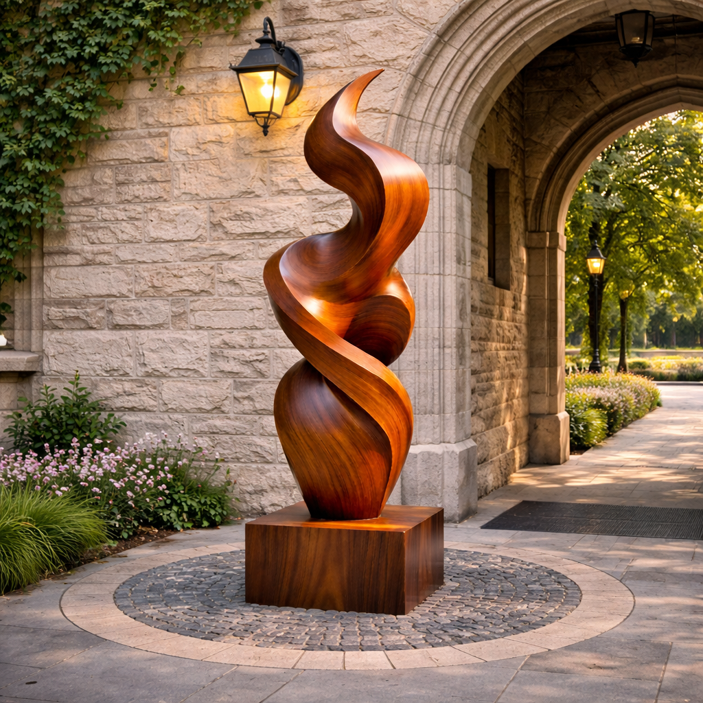 Large Abstract Spiral Solid Wood Sculpture for Indoor and Outdoor Display