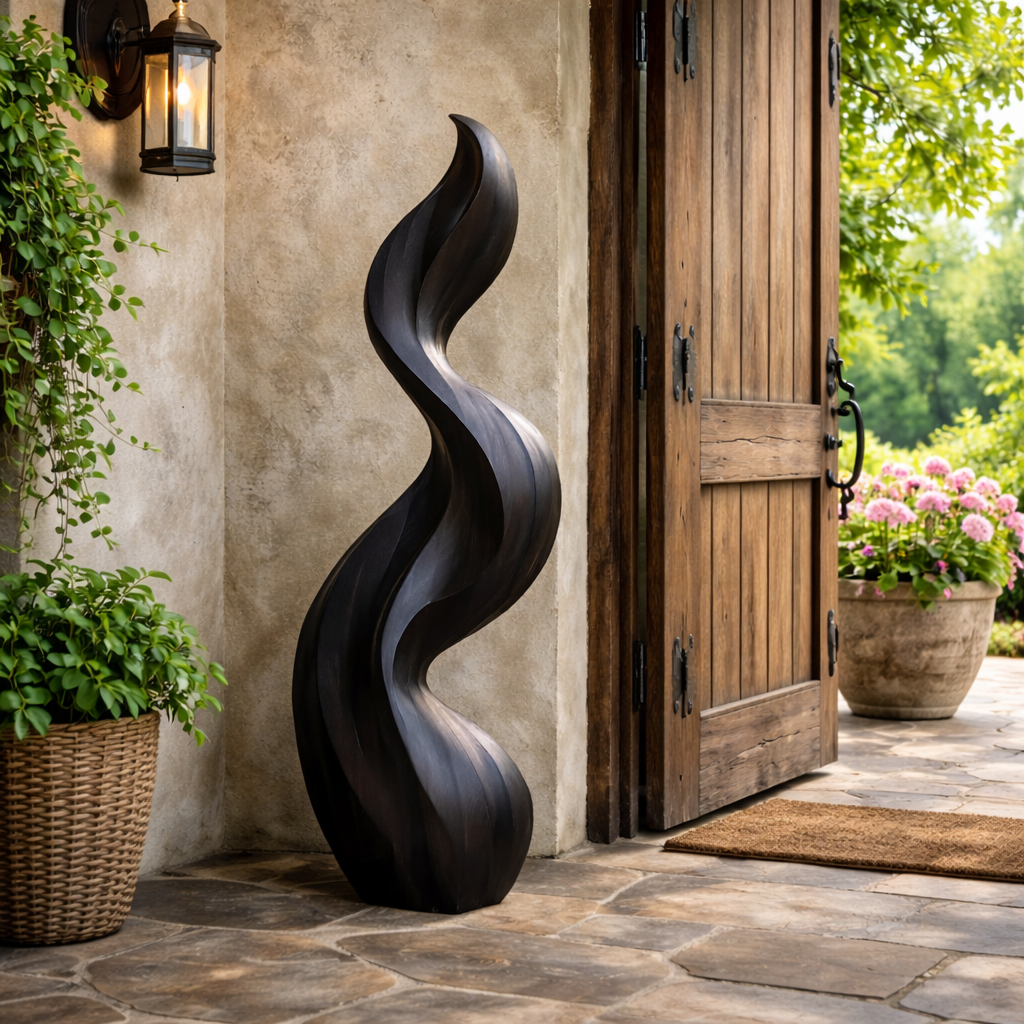 Contemporary Flame Solid Wood Sculpture for Outdoor Garden Spaces