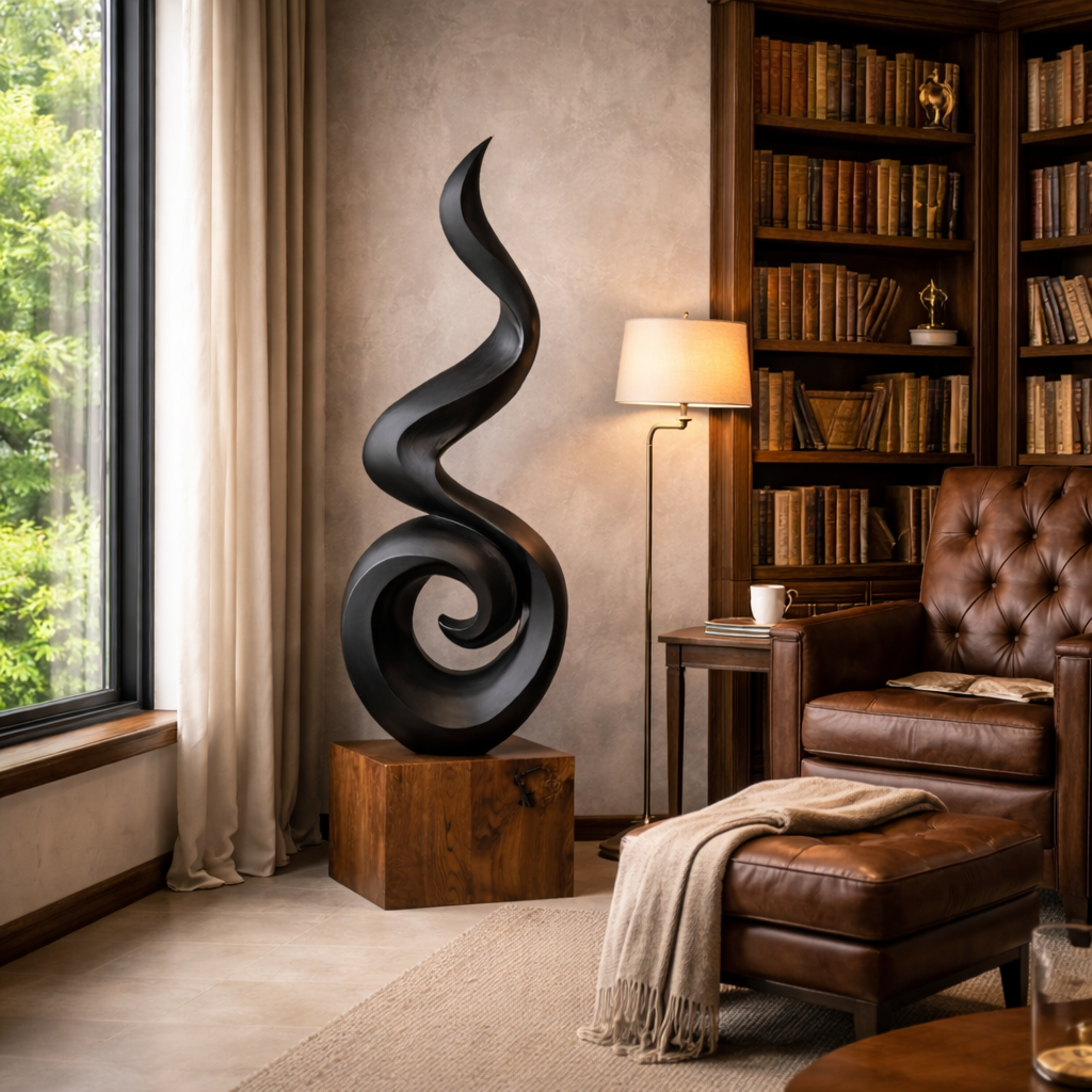 Solid Wood Spiral Flame Sculpture for Living Room and Interior Display