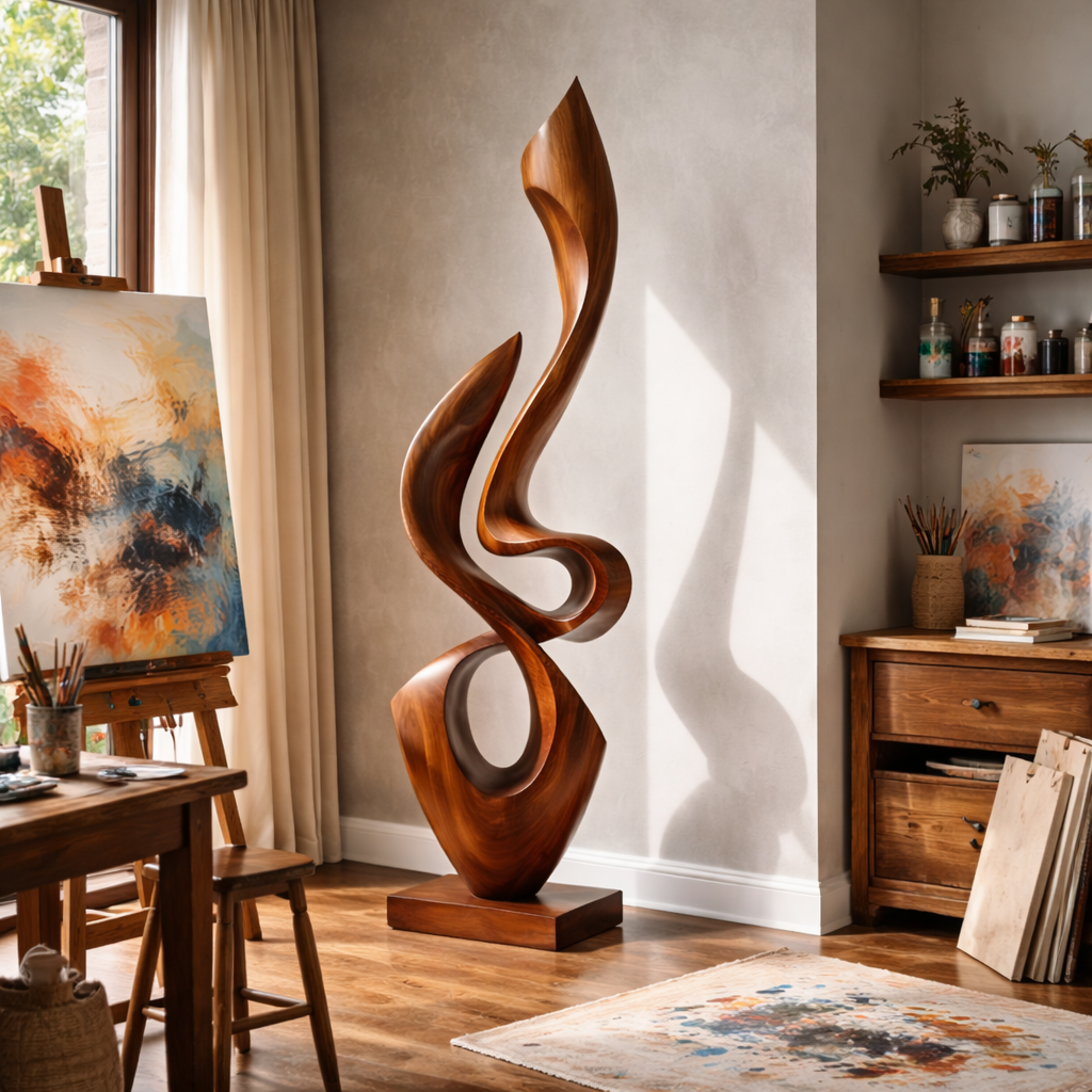 Contemporary Flowing Solid Wood Sculpture for Living Room Interior Display