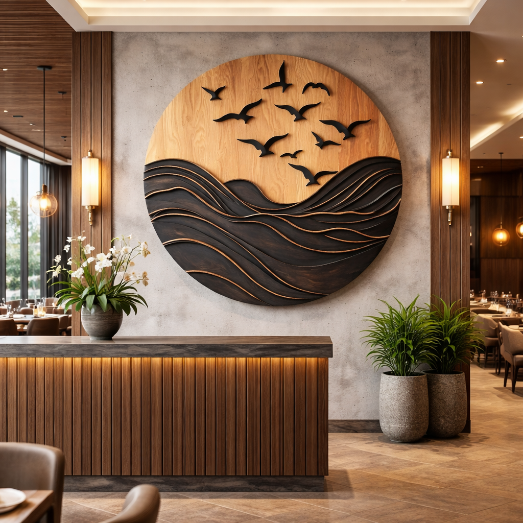 Seascape Solid Wood Wall Sculpture with Birds for Living Room
