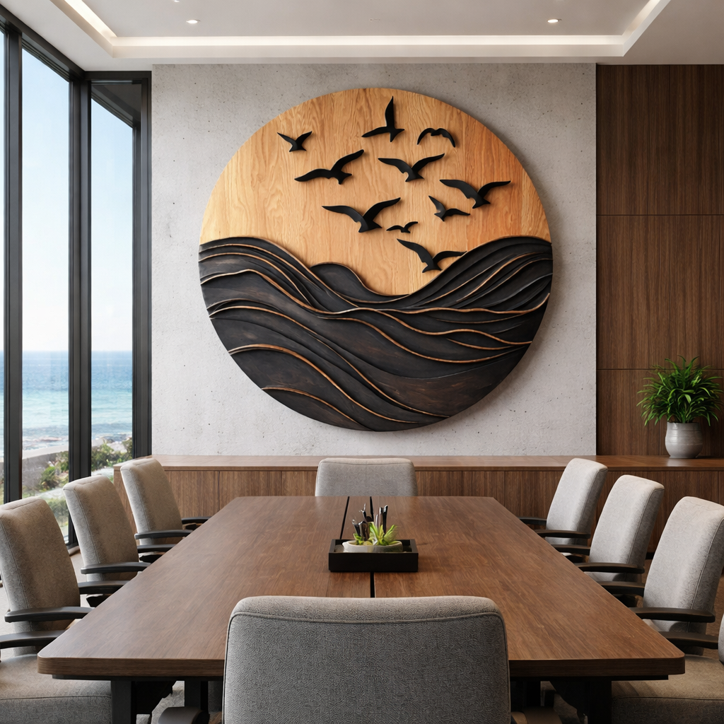 Seascape Solid Wood Wall Sculpture with Birds for Living Room