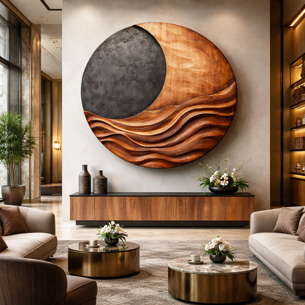 Large Abstract Solid Wood Wall Sculpture for Living Room
