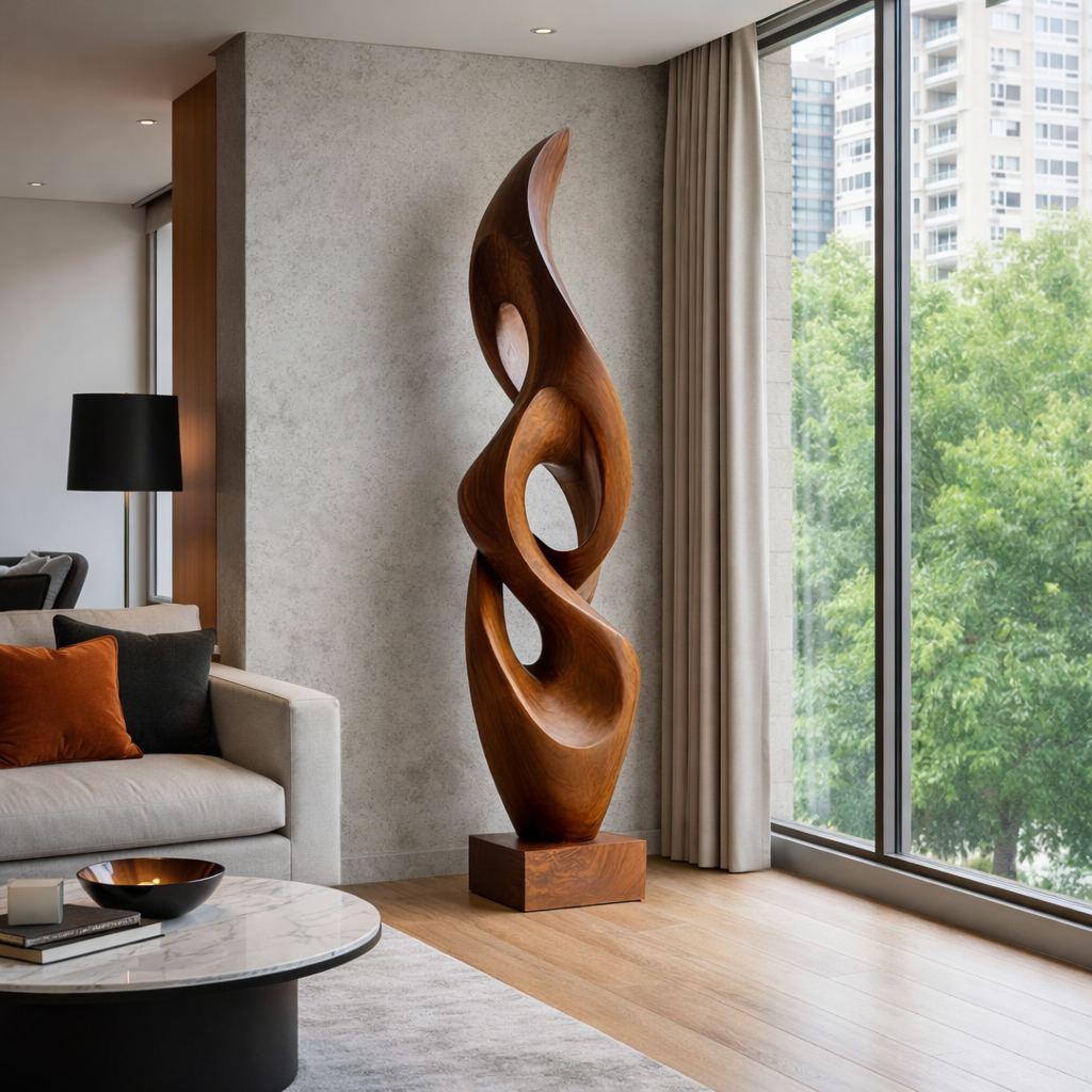 Handcrafted Solid Wood Abstract Sculpture for Luxury Interior and Garden Display