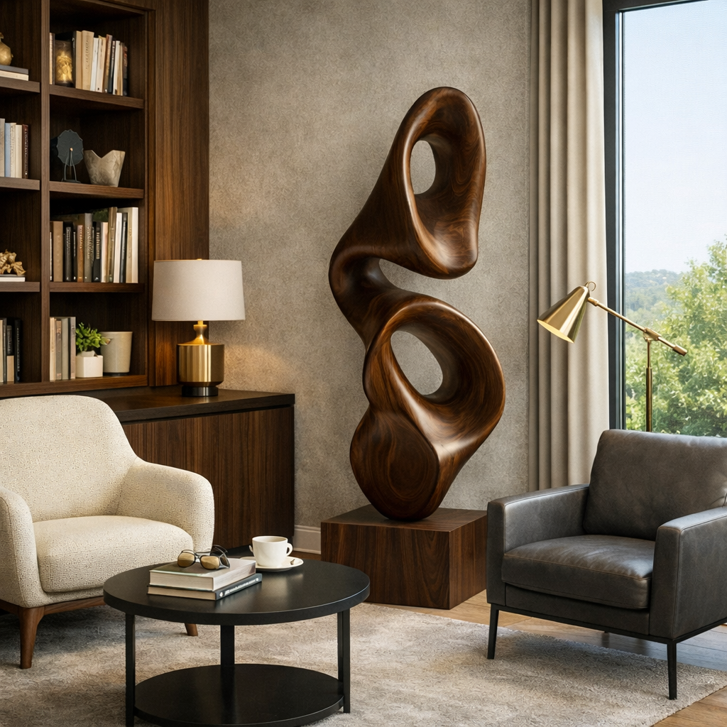 Organic Hand-Carved Solid Wood Loop Sculpture for Modern Interiors