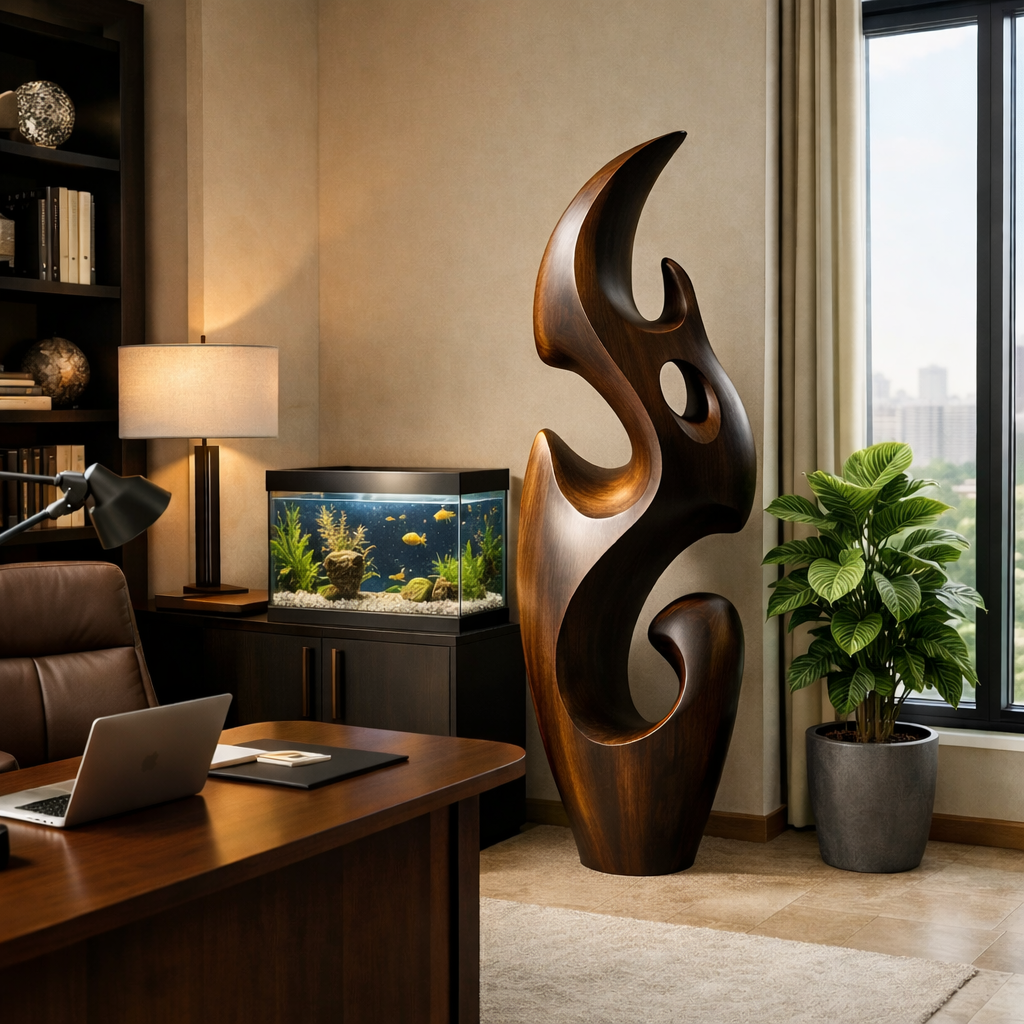 Flowing Abstract Solid Wood Floor Sculpture for Modern Interiors
