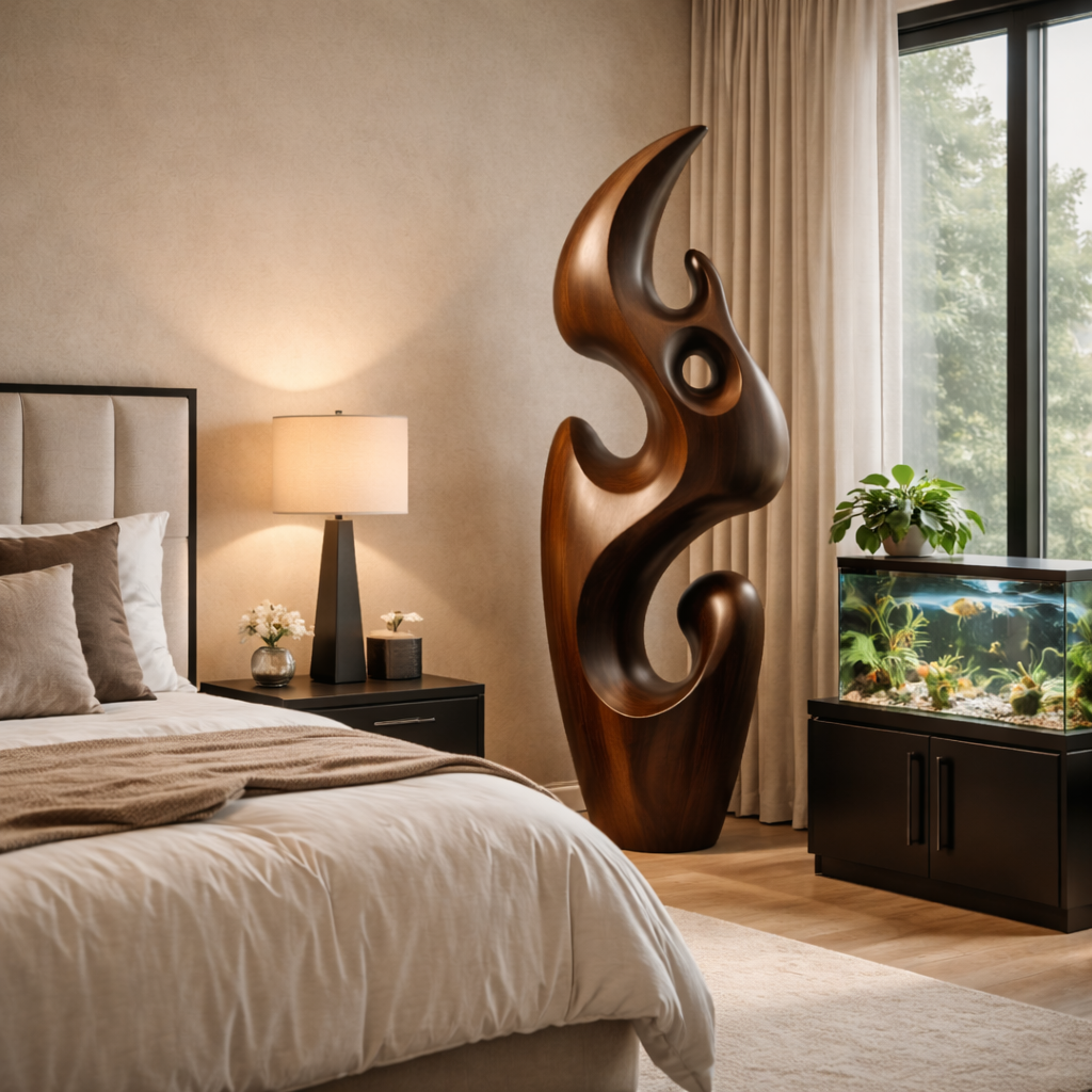 Flowing Abstract Solid Wood Floor Sculpture for Modern Interiors