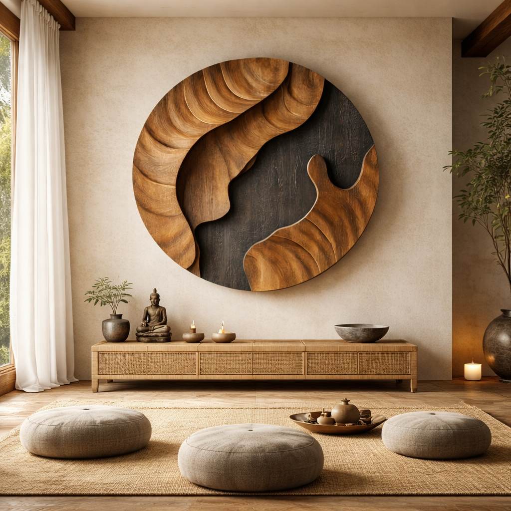 Contemporary Round Solid Wood Wall Sculpture for Modern Interiors