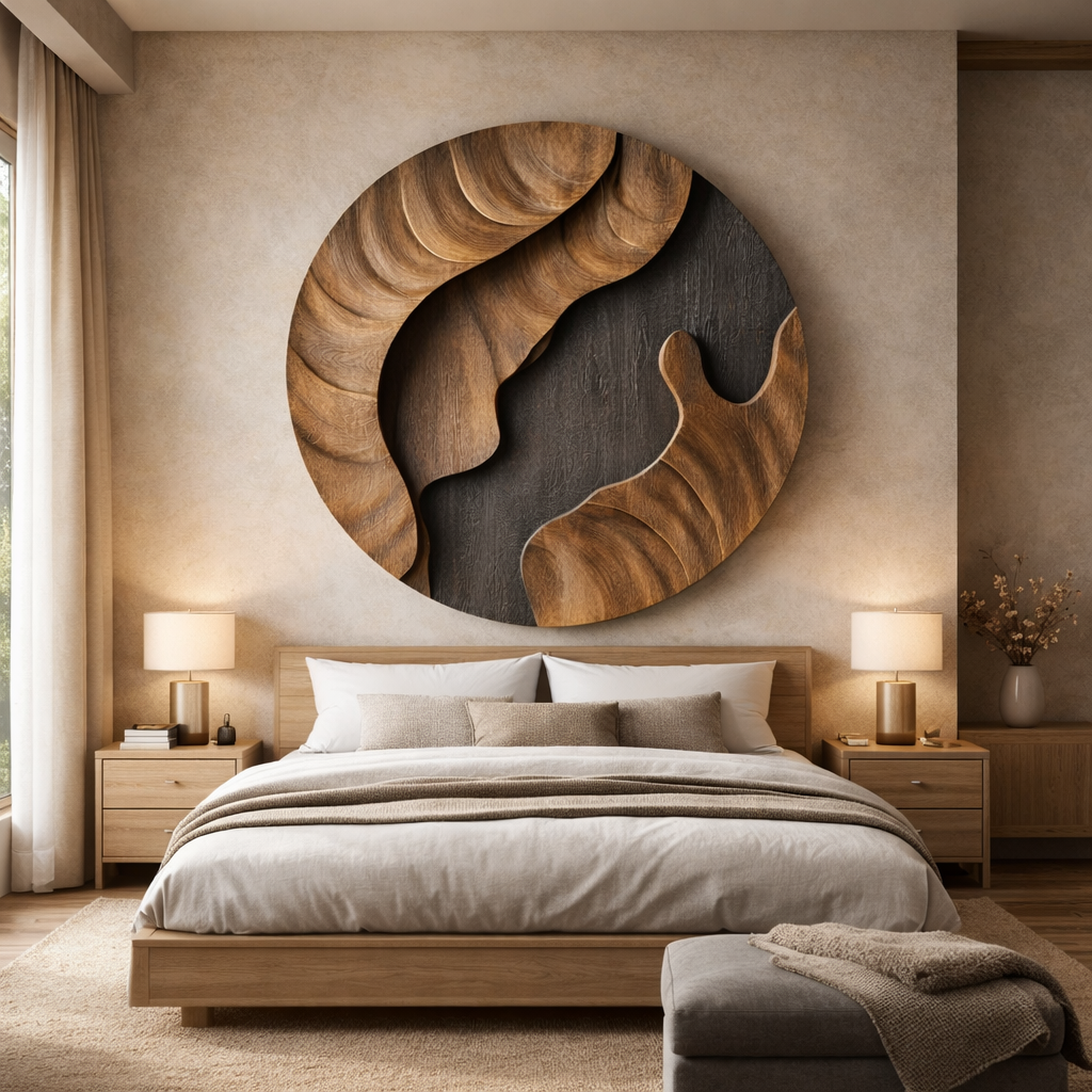 Contemporary Round Solid Wood Wall Sculpture for Modern Interiors