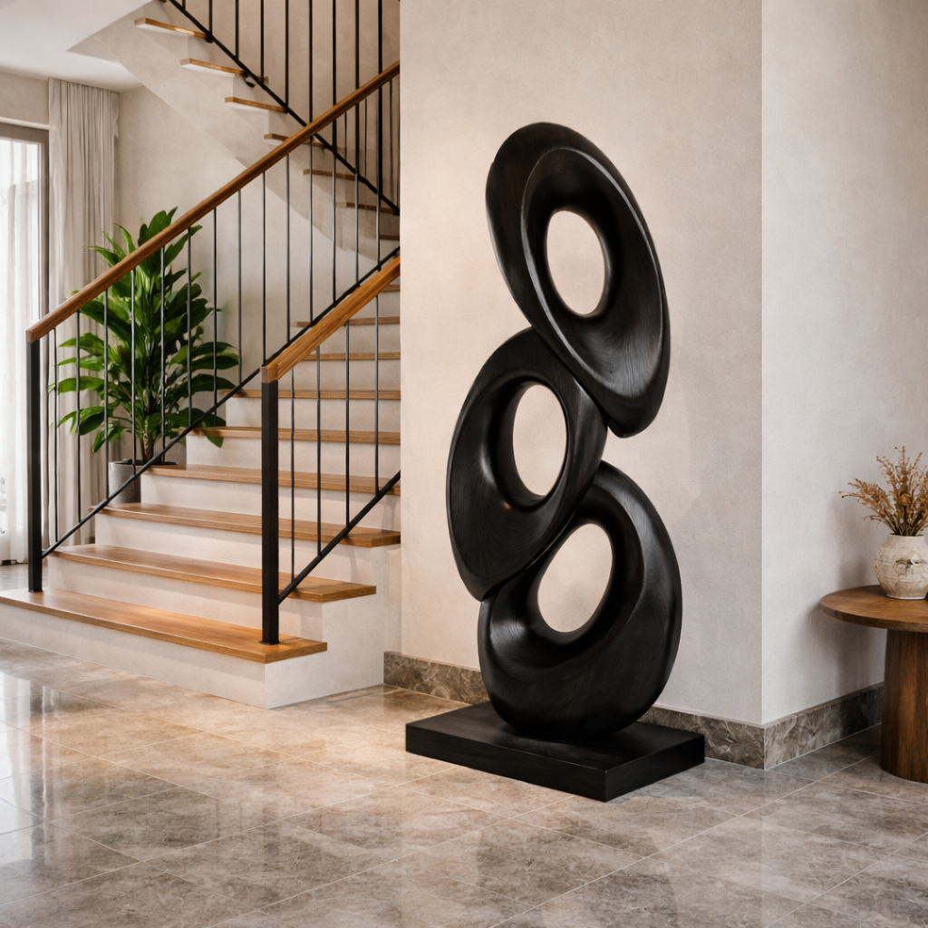 Abstract Loop Solid Wood Floor Sculpture for Modern Interiors