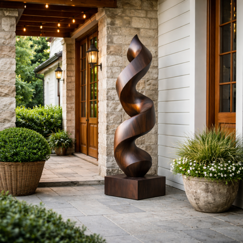 Handcrafted Solid Wood Spiral Garden Sculpture for Outdoor and Indoor Display