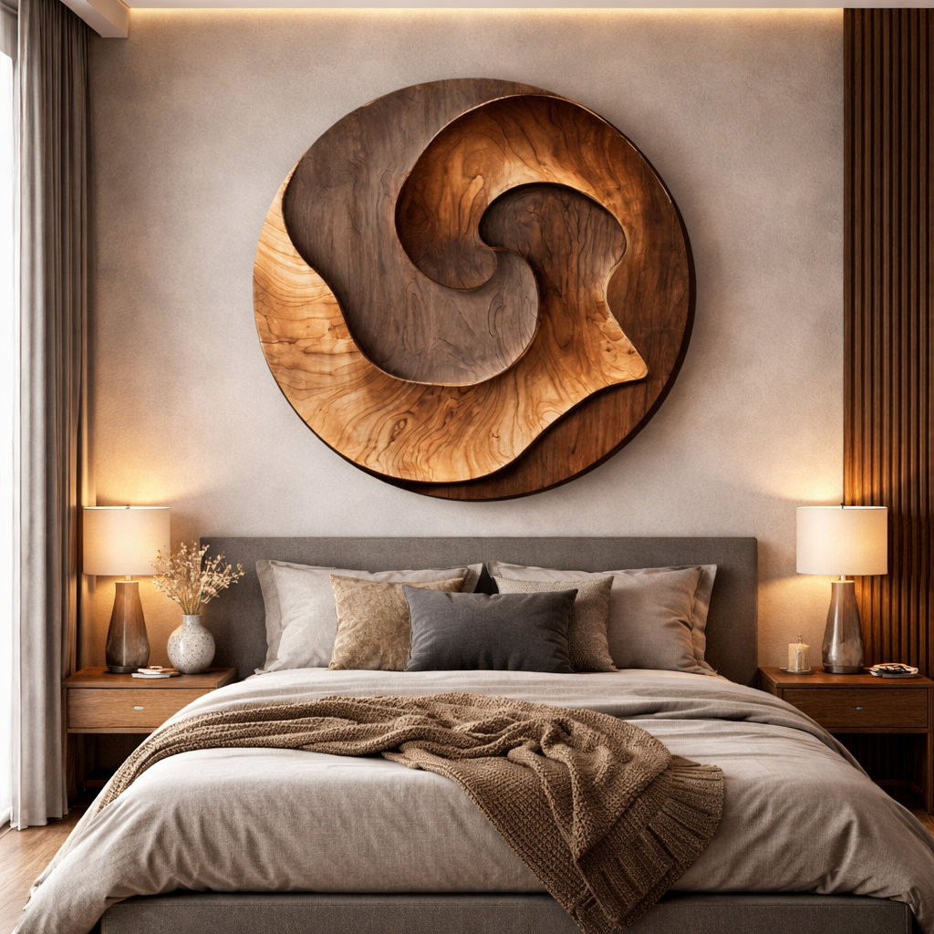 Contemporary Curved Solid Wood Wall Sculpture for Modern Interior Spaces