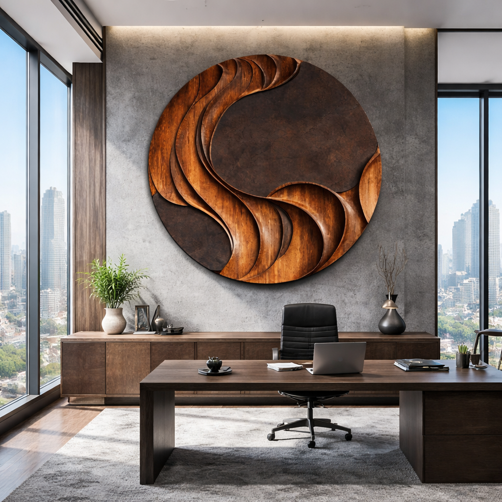 Handcarved Round Solid Wood Wall Sculpture for Contemporary Interiors