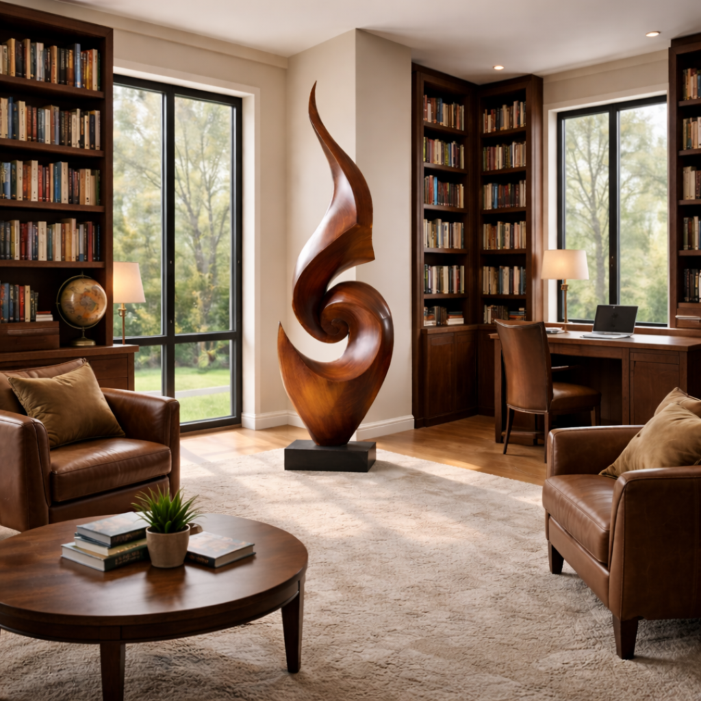 Tall Abstract Solid Wood Floor Sculpture for Luxury Living Room Interiors
