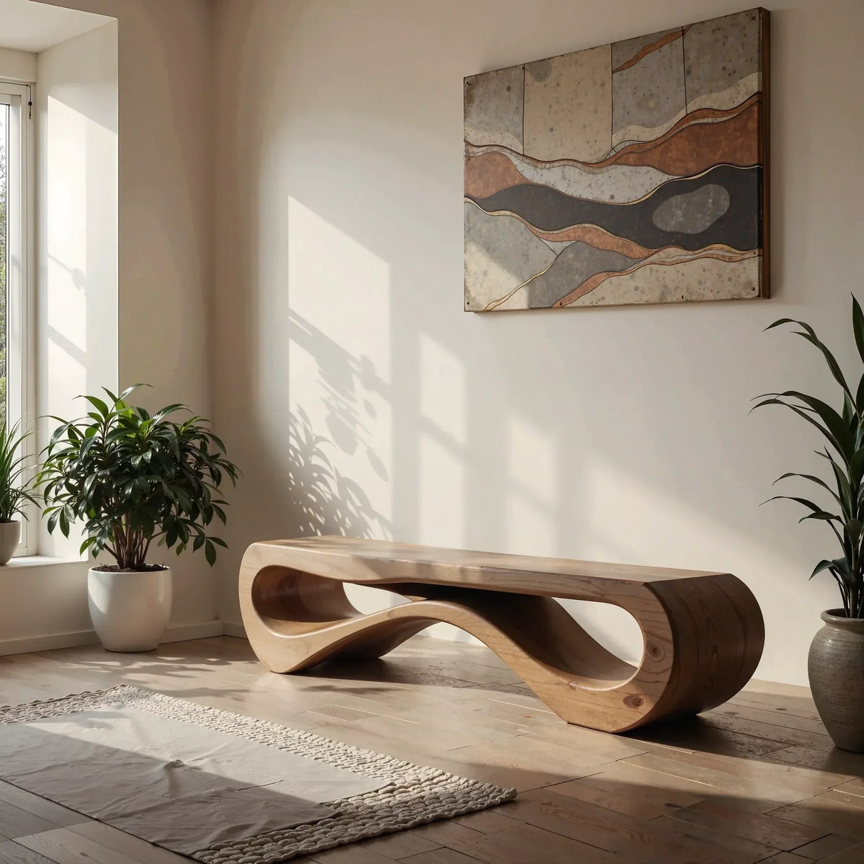 Sculptural Solid Wood Bench with Infinity Loop Form for Modern Homes