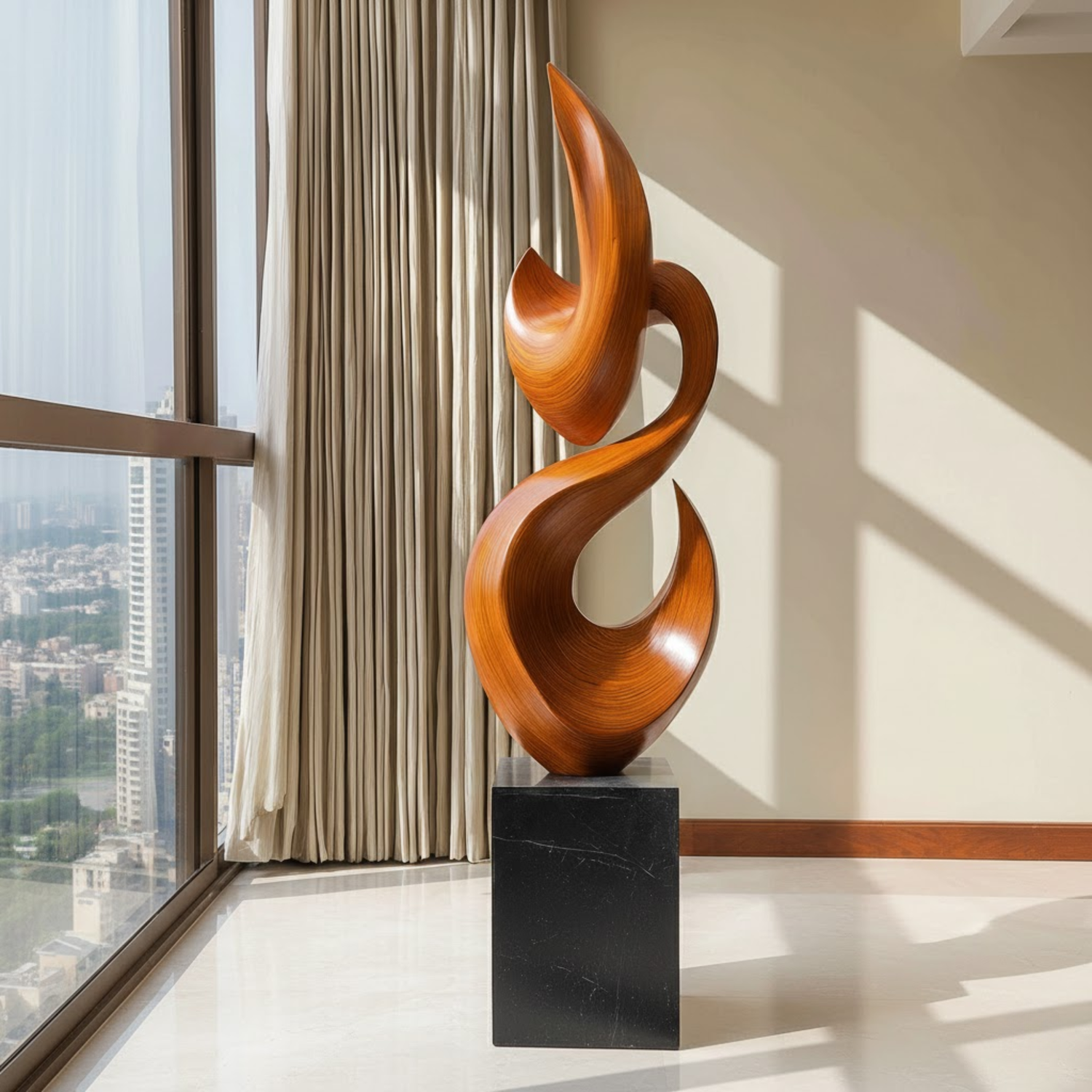 Tall Solid Wood Flame Floor Sculpture with Plinth for Modern Living Rooms