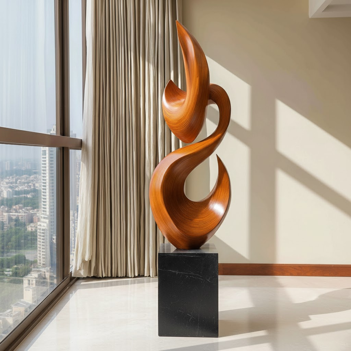 Tall Solid Wood Flame Floor Sculpture with Plinth for Modern Living Rooms