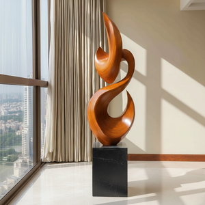Tall Solid Wood Flame Floor Sculpture with Plinth for Modern Living Rooms