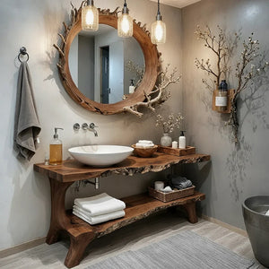 Solid Wood Live Edge Console with Open Shelf for Spa Bath
