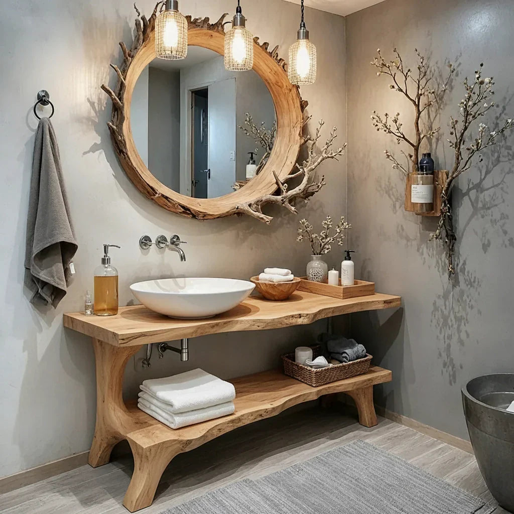 Solid Wood Live Edge Console with Open Shelf for Spa Bath